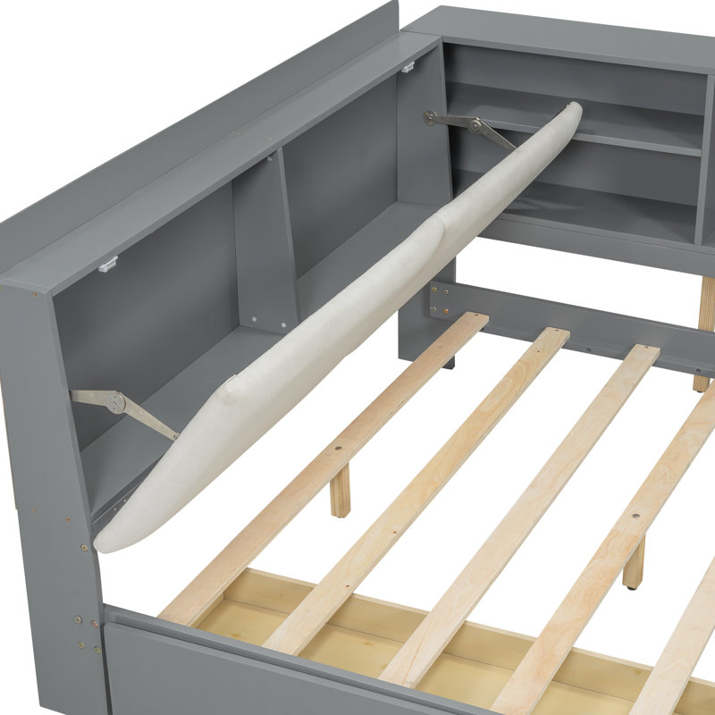 Lit plateforme double en bois gris avec tête de lit avec rangement, tablettes, 2 tiroirs et une expérience de sommeil confortable et durable