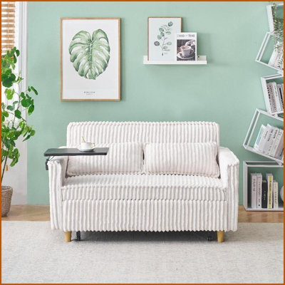 Beige Corduroy 2-Seat Sofa Bed with Movable Tabletop &amp; USB Ports – Living Room/Bedroom | Corduroy | Beige | Solid Wood Frame