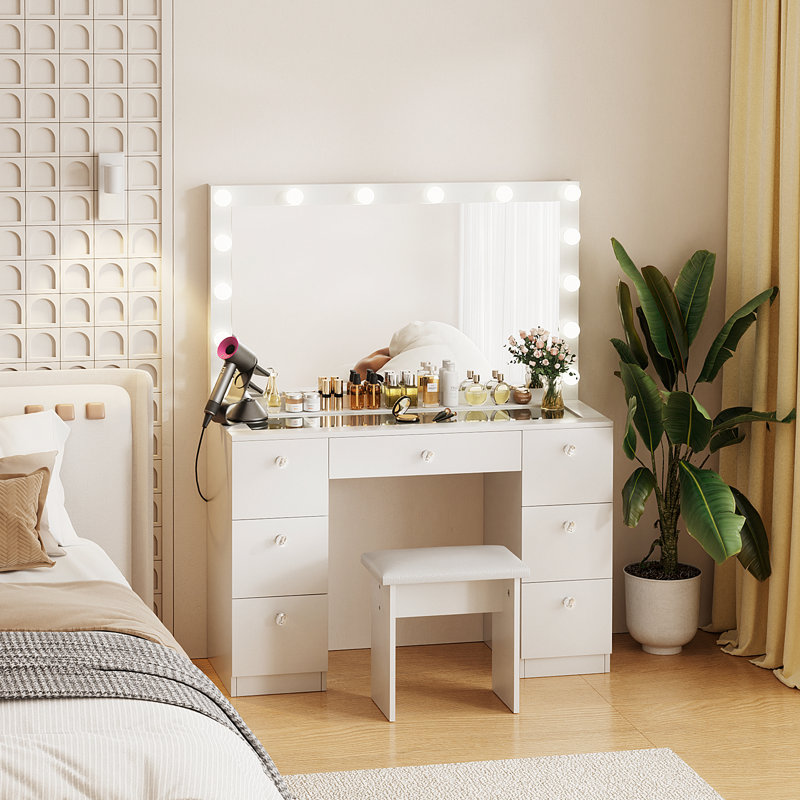 Greyden Makeup Vanity Set with Glass Table and Charging Station, Vanity Table with Lighted Mirror and 7 Drawers, Stool Included, for Bedroom