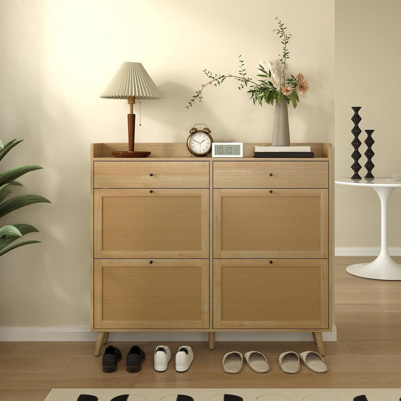 Rattan Shoe Cabinet Storage For Entryway, Shoe Organizer Cabinet With 4 Flip Drawers And 2 Slide Drawers, Hidden Shoe Storage Free Standing Wood Shoe Cabinet For Foyer, Hallway- Natural