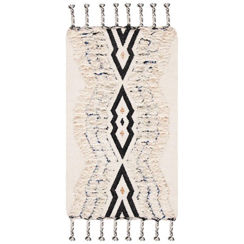 Tapis ivoire / noir / bleu en laine / coton noué à la main de style sud-ouest Ossineke, Rectangle 3 pi x 5 pi