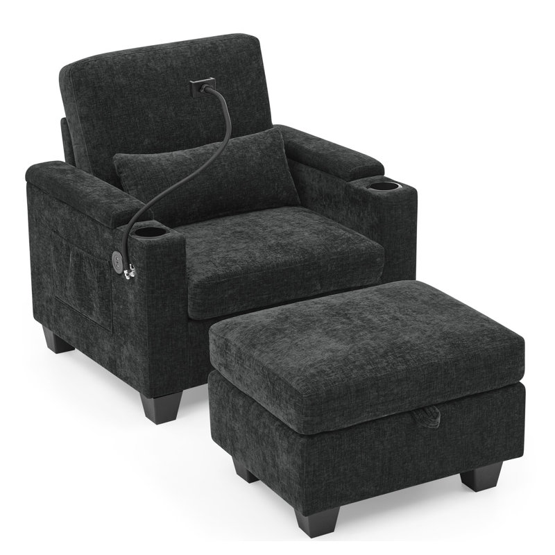 Canapé inclinable simple avec dossier réglable manuellement, port de charge USB sur le côté de l'accoudoir, support pour téléphone inclus, rangement caché pour l'accoudoir et repose-pieds assorti