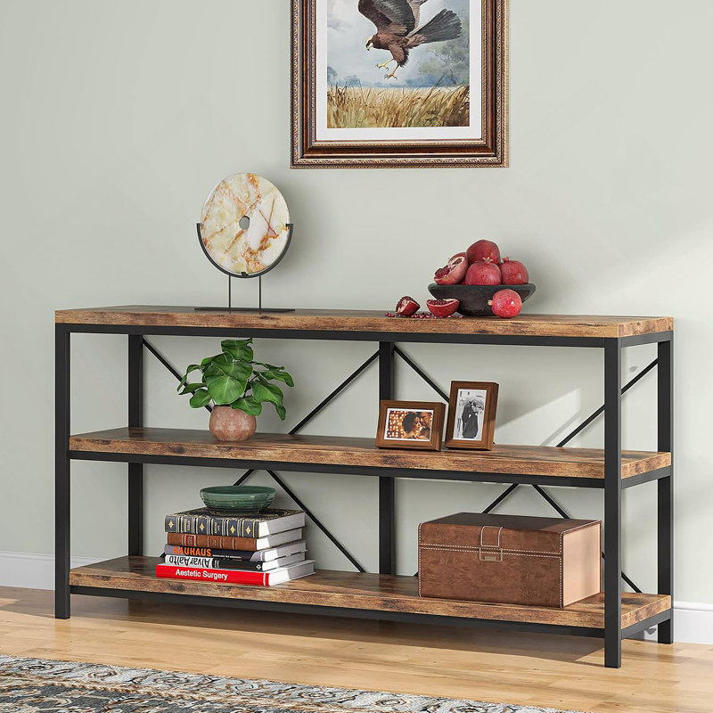 Console industrielle de 55 pouces avec tablettes ouvertes à 3 niveaux, canapé étroit brun rustique pour le salon et le couloir