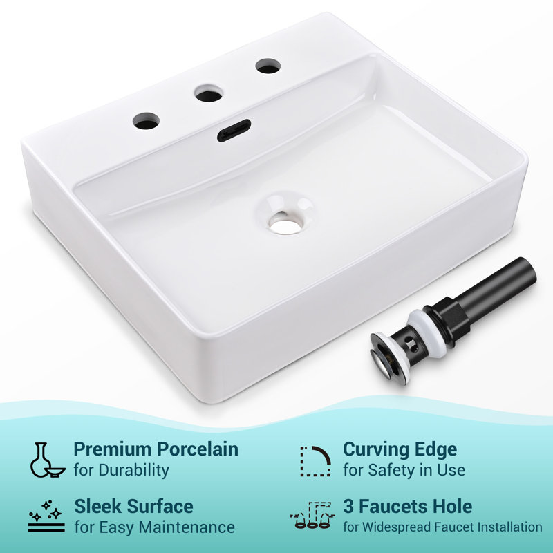 White Ceramic Rectangular Wall-Mount Vessel Sink