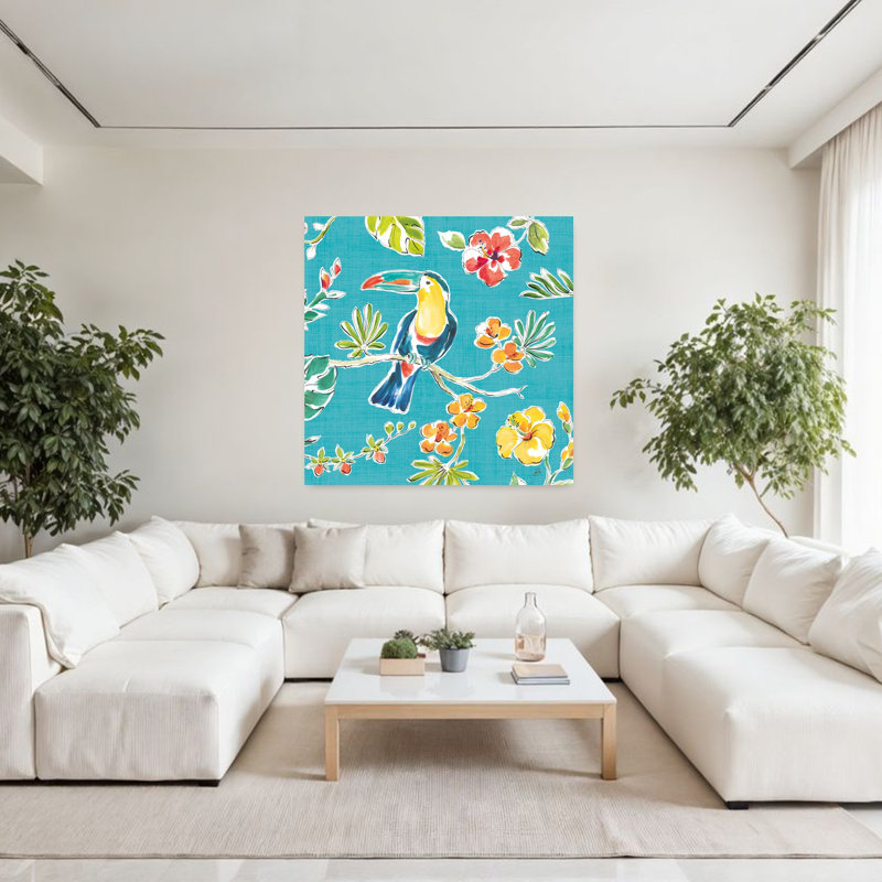 Oasis tropicale V abstrait oiseau hibiscus orchidée fleur tropicale, H 48 po x l 48 po