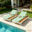 Ensemble de chaises longues d'extérieur en fer blanc + teck avec coussin feuille de noix de coco, coussin résistant à l'eau pliable de 2 po d'épaisseur, dossier réglable avec surface de rangement plate pour le patio près de la piscine