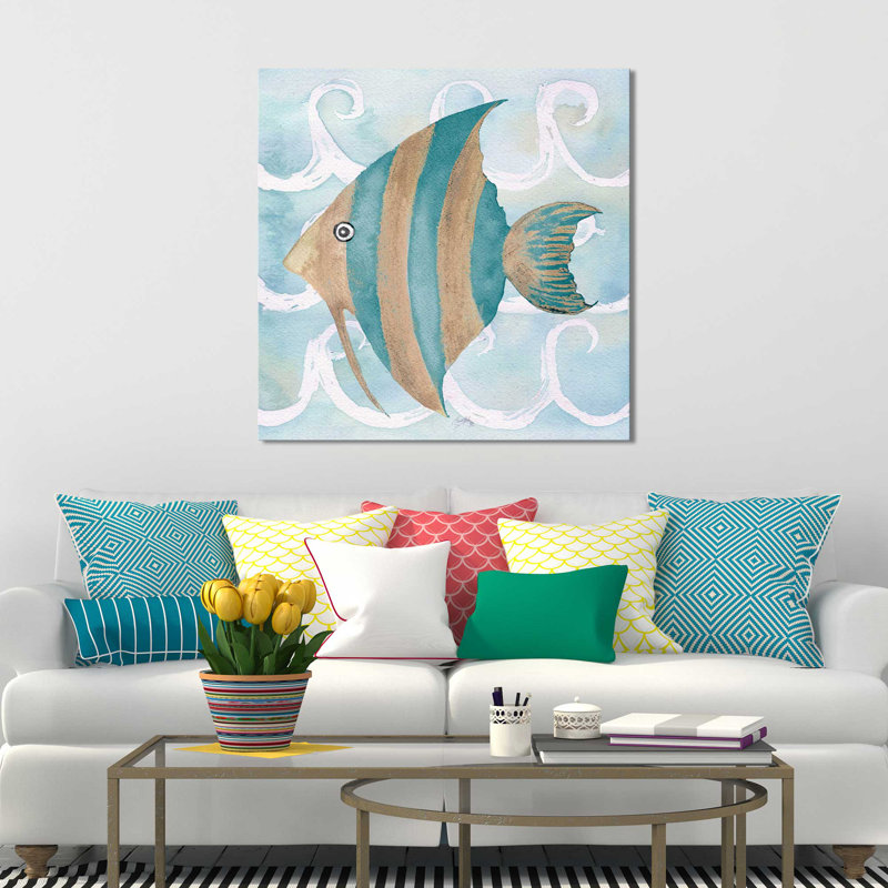«Sea Creatures on Waves IV», reproduction de peinture à l'aquarelle, H 18 po x l 18 po x P 1 po, Toile tendue