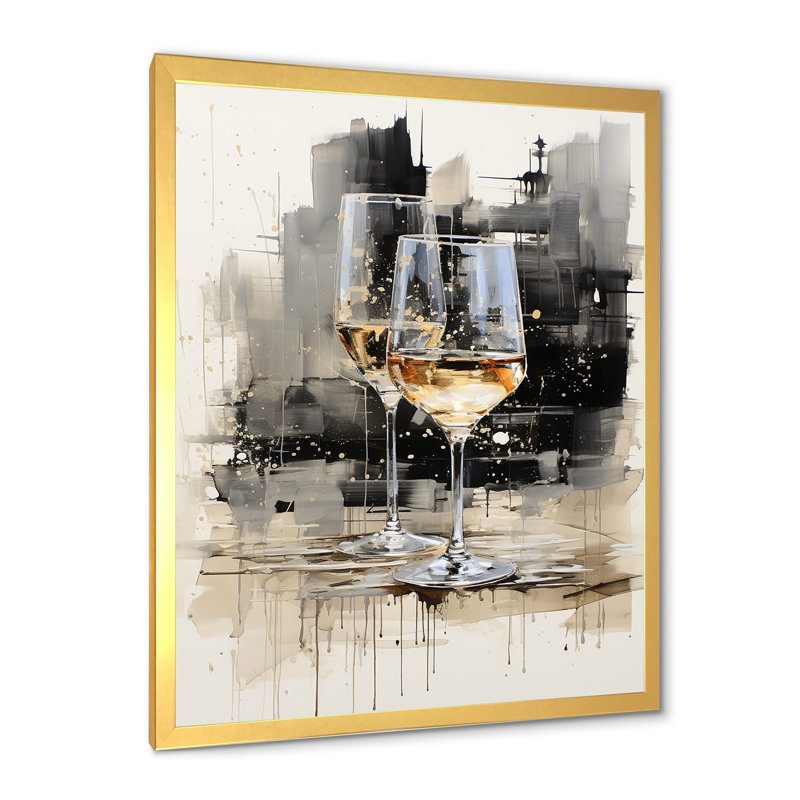 Verre noir et blanc Essence II - Champagne, art mural, Cadre doré simple, H 32 po x l 24 po x P 1 po