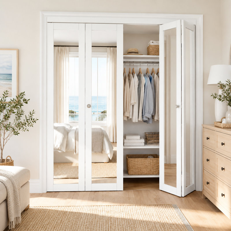 Porte pliante à double miroir 72 po x 80 po avec ensemble de quincaillerie d'installation, 72" x 80"