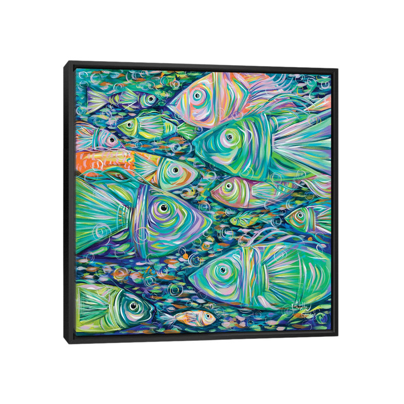 " School Of Fish " by Estelle Grengs, No Mat, Black Framed Canvas, 26'' H x 26'' W x 1.5'' D