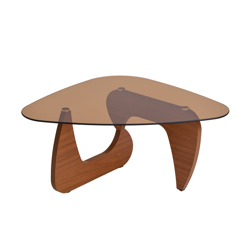 Table basse Mid-Century moderne en verre avec base en bois - Petite table centrale brune pour le salon, Brun