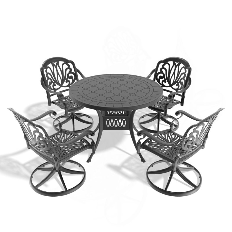 Ensemble de salle à manger 5 pièces en aluminium coulé résistant aux intempéries, comprenant 4 chaises pivotantes et une table ronde avec cadre noir