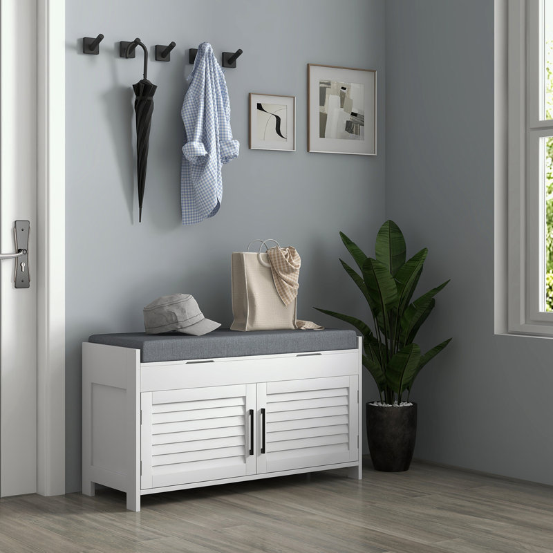 White Entryway Shoe Storage Bench with Gray Cushion and Shutter Doors