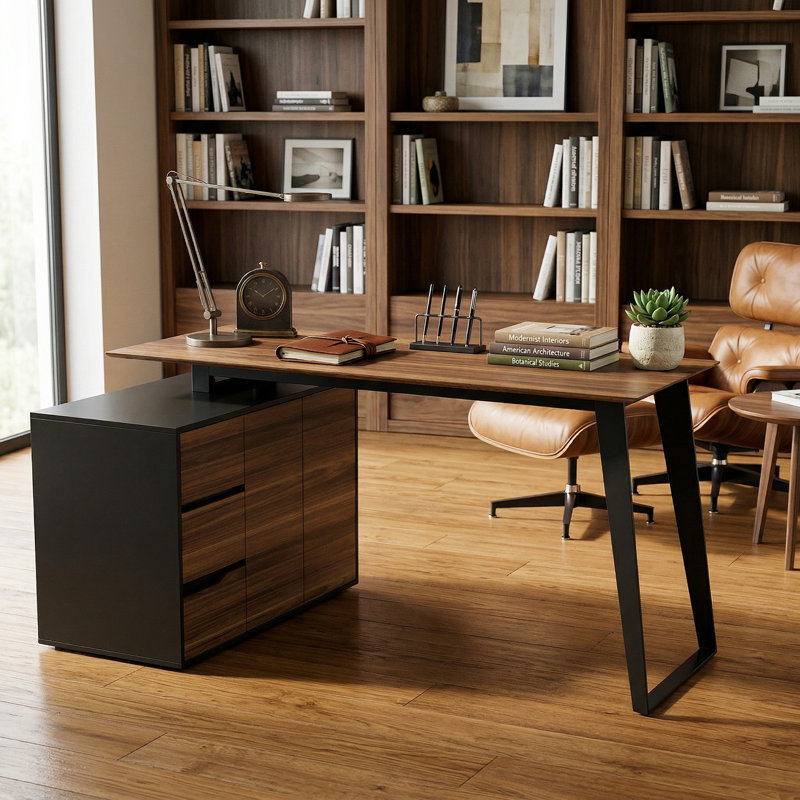 L-Shaped Computer Desk with Storage Cabinet and Drawers, Corner Home Office Desk with Flexible Workspace Design, Black/Brown