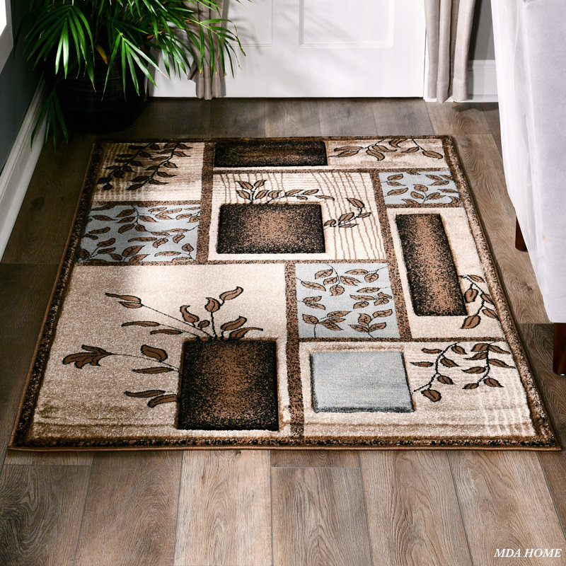 Tapis brun / beige / bleu à motif floral Zader, Rectangle 6 pi 9 po x 9 pi 6 po