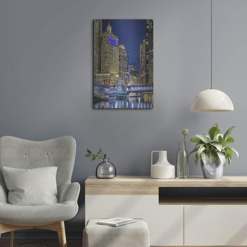 «Chicago River At Night» par AKG, H 24 po x l 16 po