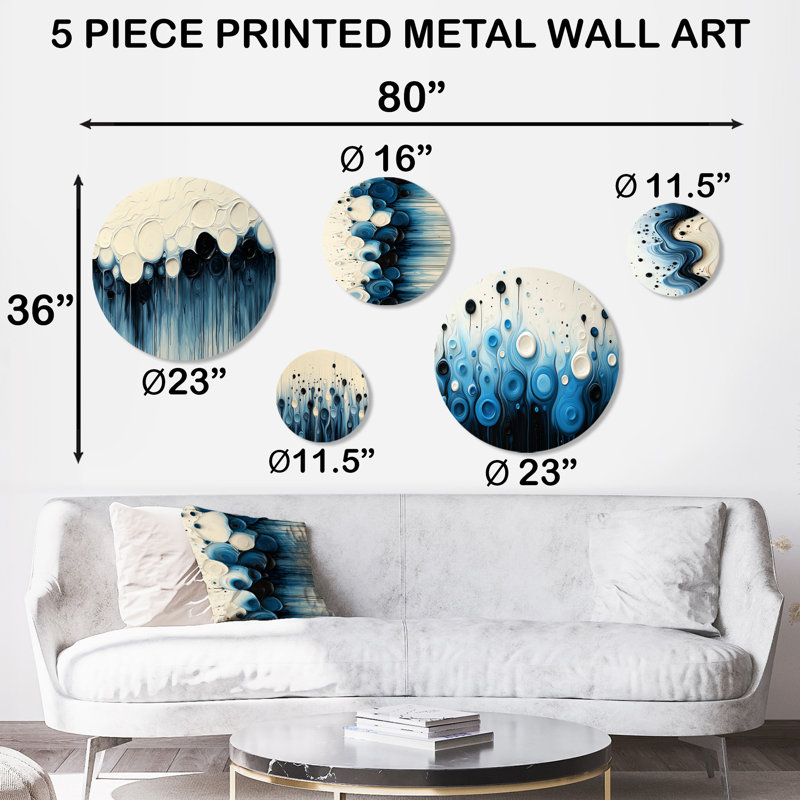 Goutte à goutte aquatique rythmique éclaboussures de sérénité I - Ensemble de 5 décorations murales en métal