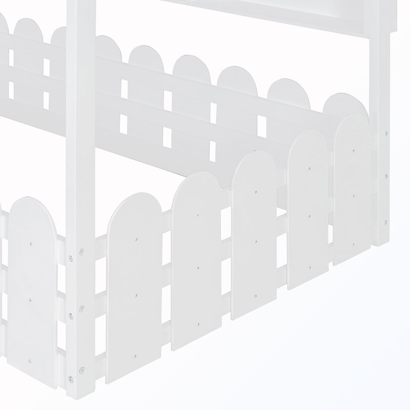 Lit simple sur pied avec 3 tablettes de rangement et garde-corps, Lit simple, Blanc