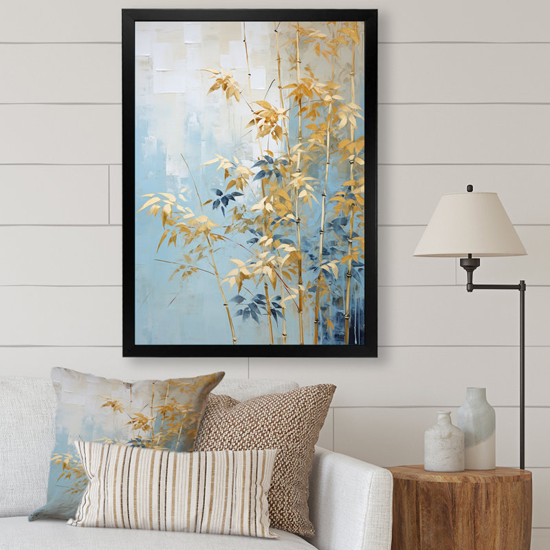 «Blue and Gold Bamboo Dance III», impressions sur toile de bambou_106588, H 32 po x l 24 po x P 1 po, Cadre photo noir