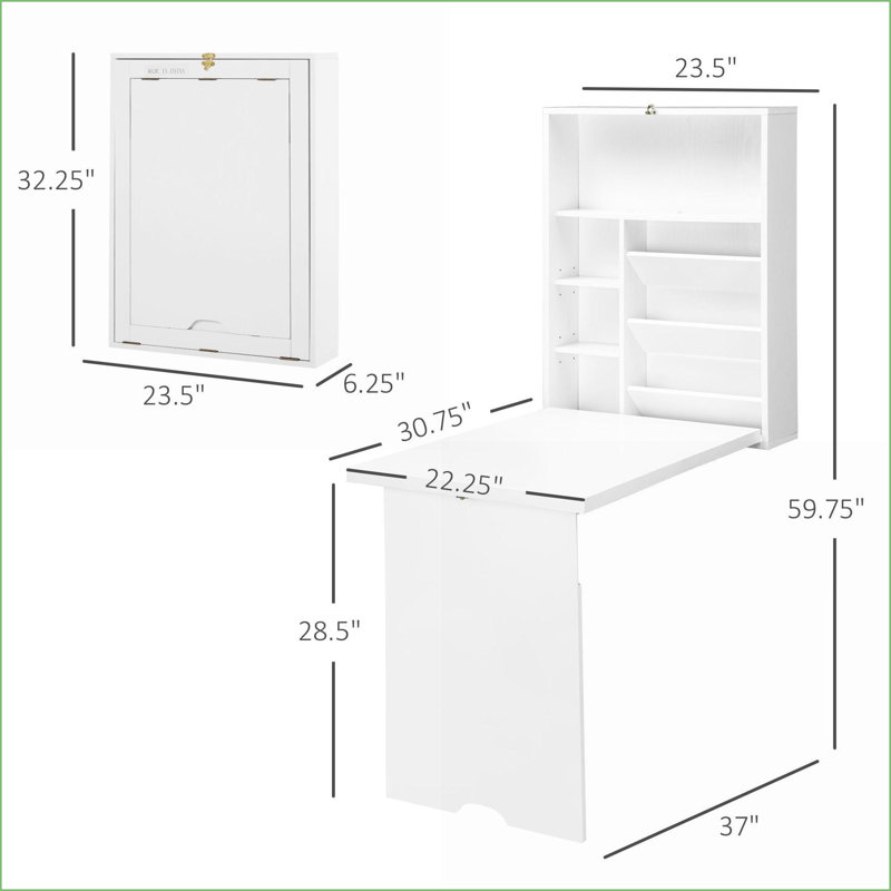 Bureaux, bureau convertible mural moderne avec tablettes de rangement | Blanc | Bois d'ingénierie