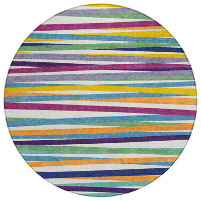 HomeRoots 8' Blue Round Striped Washable Indoor Outdoor Area Rug