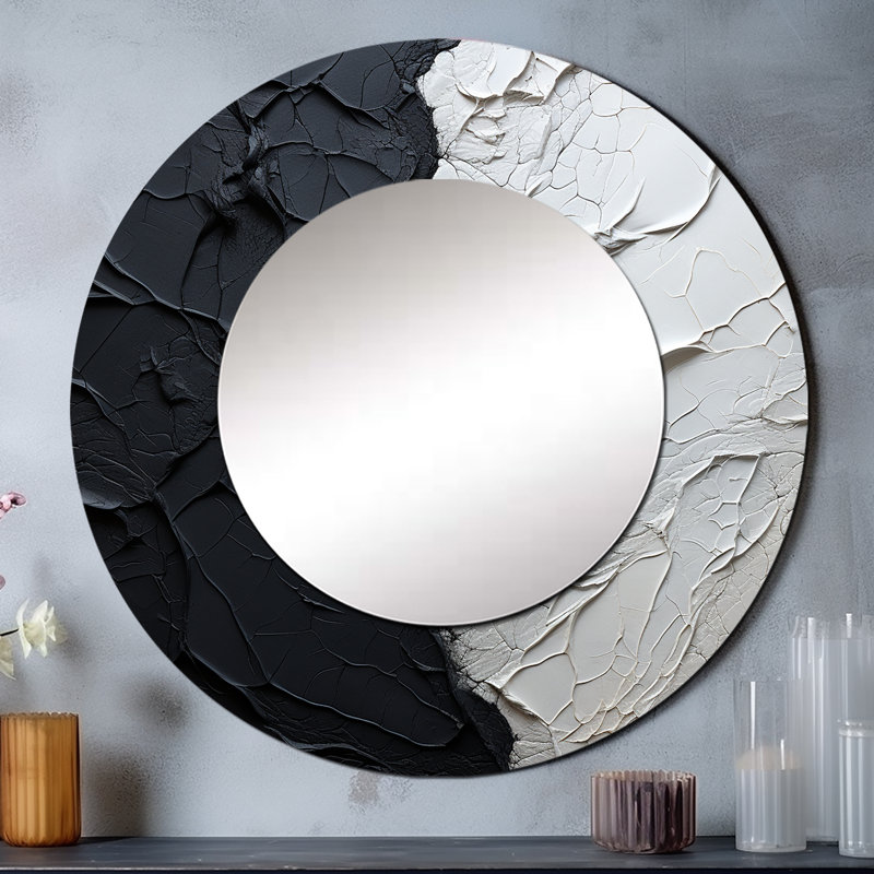 Rozerin Minimalism Black And White Paint Corner - Coastal Wall Mirror, Coastal Round Decorative Mirror, Printed Metal Art