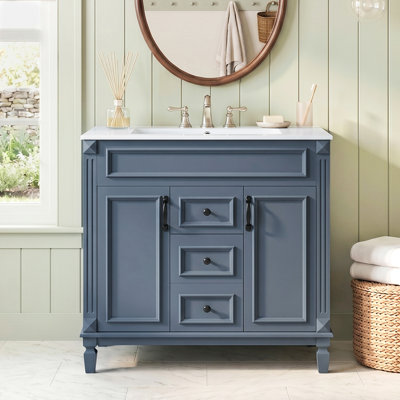 Ensemble de meuble-lavabo autoportant 24 po en bois d'hévéa massif et panneau de fibres à densité moyenne, armoire noire avec 2 portes à fermeture douce et tablette réglable, lavabo intégré en céramique blanc brillant, quincaillerie d'armoire complète assortie