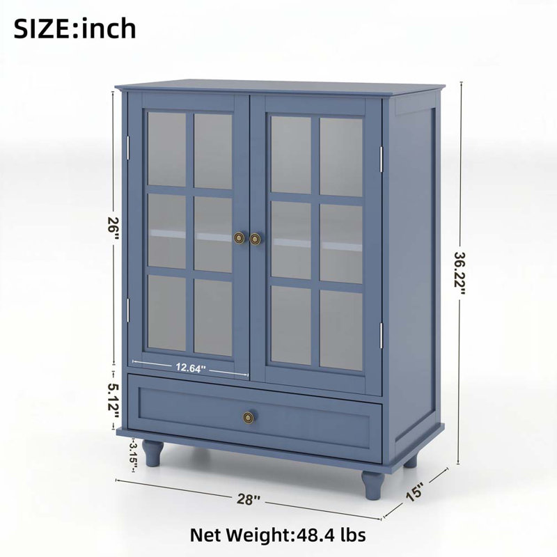 Storage Cabinet with Double Glass Doors and Drawer, Blue