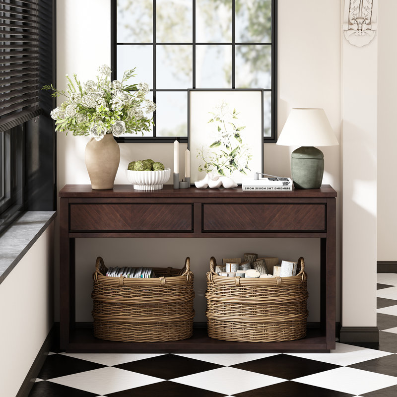 Console rustique en bois avec tiroirs de rangement et tablette ouverte, Bois brun
