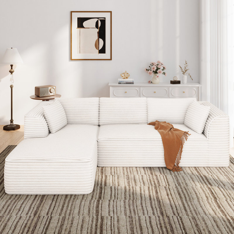 106" Boneless Deep Seat Modular Sofa With Lounge Chair & Memory Foam, Left Hand Facing, Beige Corduroy