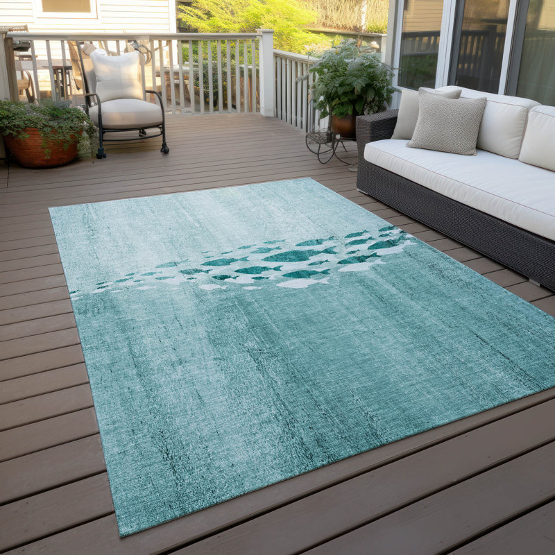 Tapis bleu intérieur / extérieur en polyester tissé à la machine Loreen, Rectangle 10 pi x 14 pi
