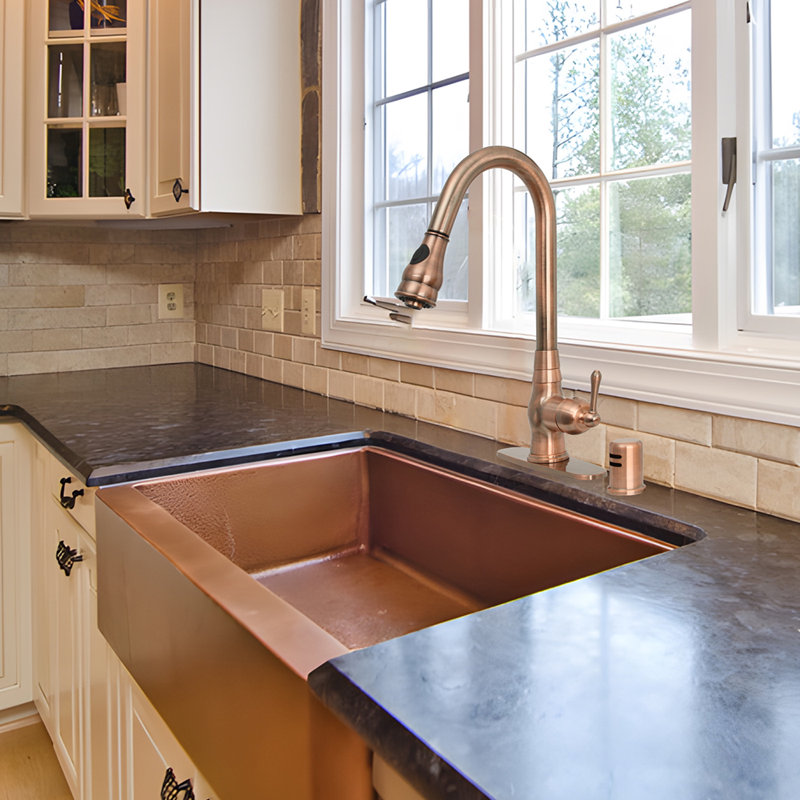 Copper Pull Down Kitchen Faucet with Single Handle Deck Plate Included, Antique Copper