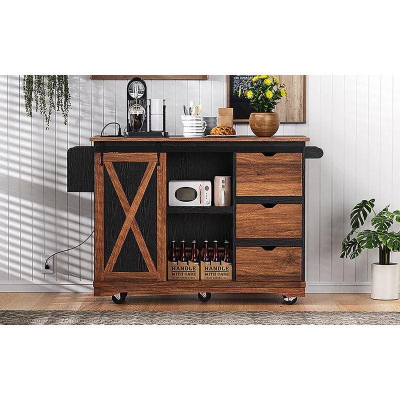 55.5" Farmhouse Kitchen Island With Drop Leaf, Kitchen Storage Island With Barn Door, Power Outlet, Rolling Kitchen Cart On Wheels With Spice Rack, For Home, Kitchen, Dining Room, Black