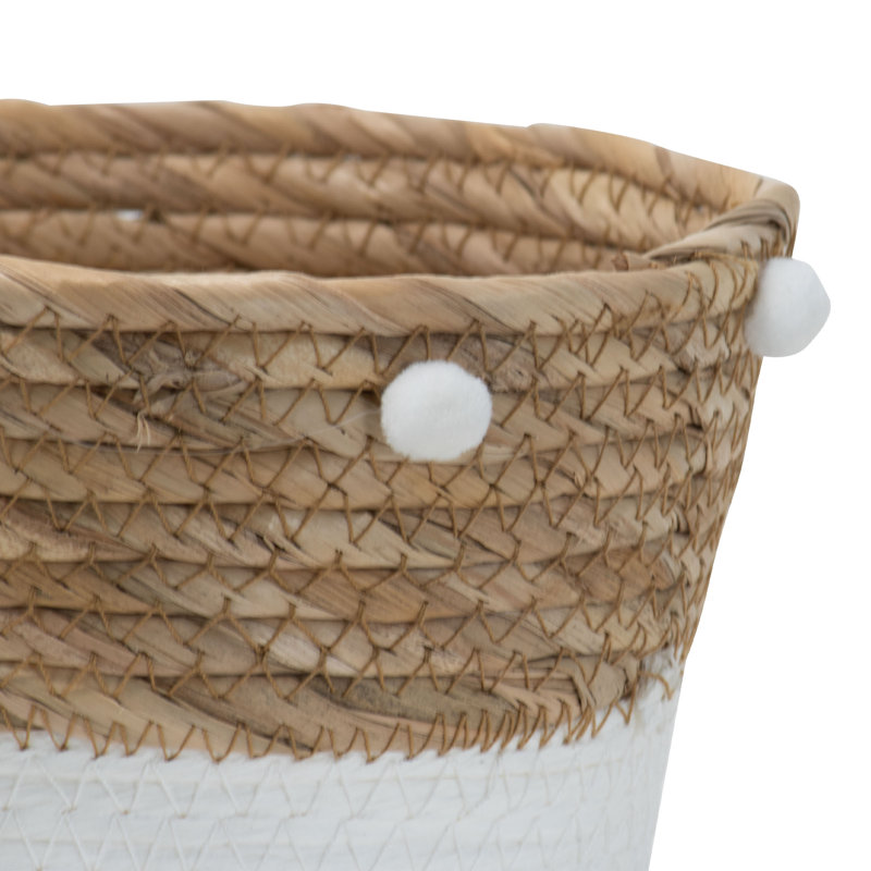 Natural Cattail Decorative Storage Baskets with Pom Poms Set of 2