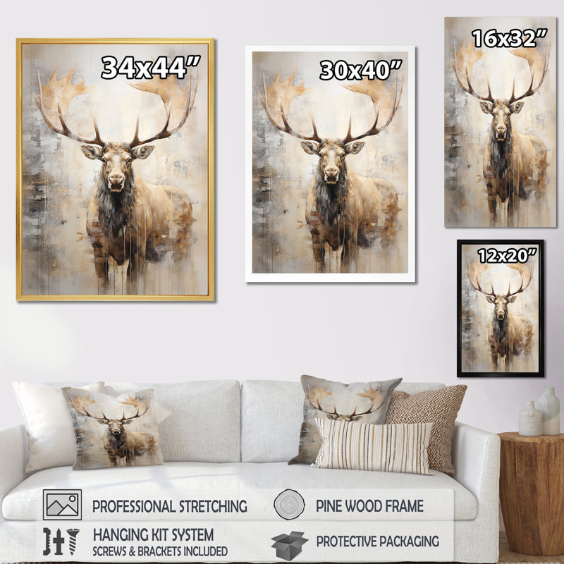 Portrait d'orignal majestueux beige, Cadre simple argenté, H 20 po x l 12 po x P 1 po
