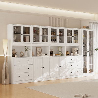 Book Cabinet Storage Bookcase, 5-Tier Modern Bookshelves With 3 Large Drawer And Glass Door(2A+2B+C)