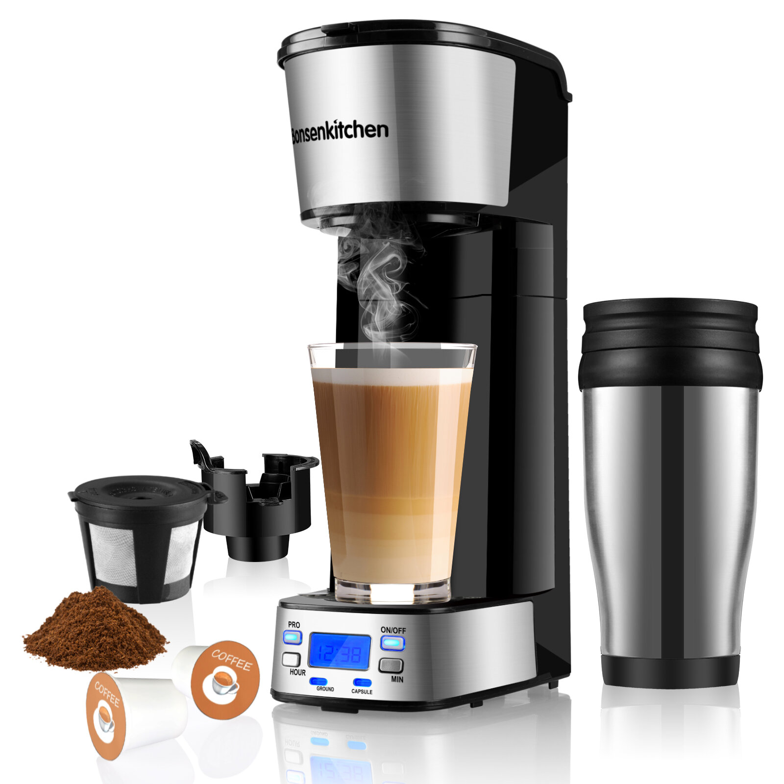 Bonsenkitchen 2-In-1 Single Serve Coffee Maker With Milk Frother
