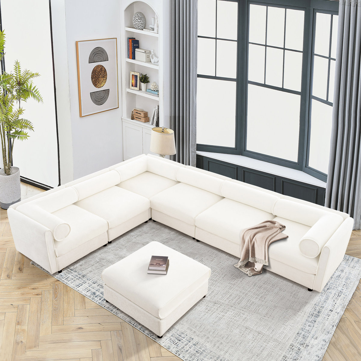 Solstice 142.5" 7-Piece Corner Sectional Chenille Sofa With Movable Ottoman