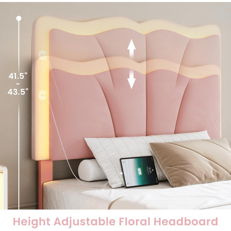Structure de lit tapissier en velours avec tête de lit réglable en hauteur, Lit simple, Rose