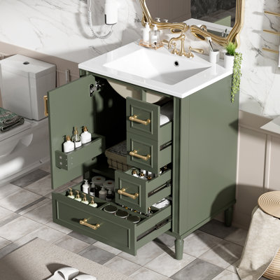 Meuble-lavabo simple 24 po, meuble-lavabo compact, comptoir en céramique, quincaillerie dorée, style rétro, salle de bain