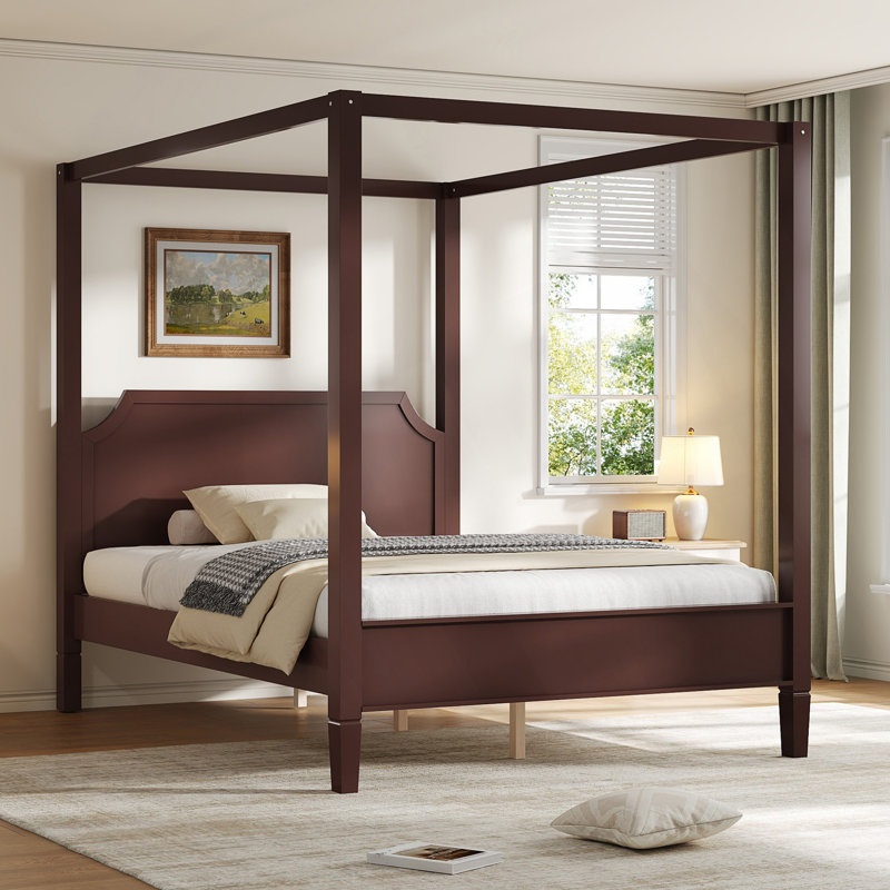 Lit plateforme à baldaquin en bois Queen avec tête de lit intégrée