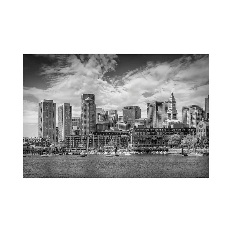 Boston Skyline North End & Financial District | Monochrome by Melanie Viola - Wrapped Canvas Print