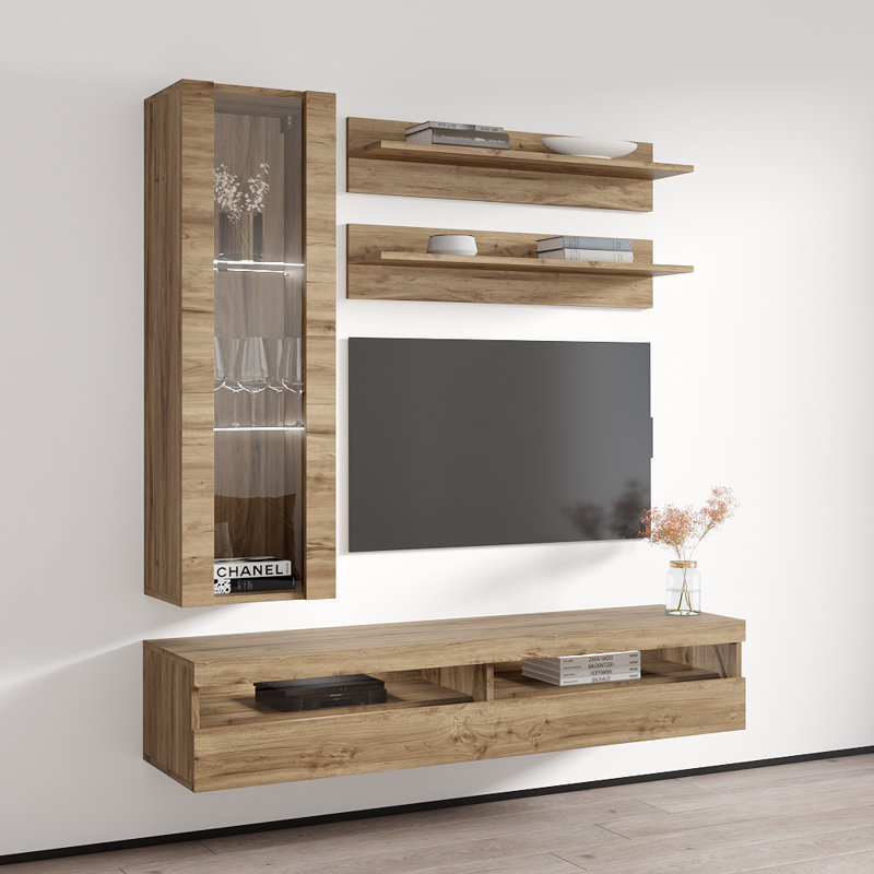 Laryssa 63" Modern Floating Wall Mounted Entertainment Center with 16-Color LED Lighting, High Gloss Finish, Oak