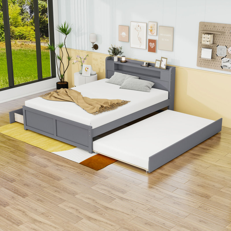 Grand lit plateforme en bois 2 tiroirs avec tête de lit à DEL et lit gigogne simple, Gris
