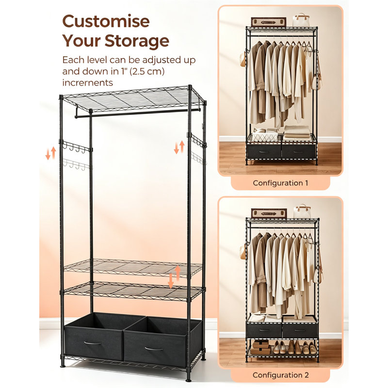 Clothes Rack with Storage Shelves, Fabric Drawers and Hanging Rail, 8 Hooks, Steel, Ink Black, 40 cm D x 90 cm W x 180 cm H