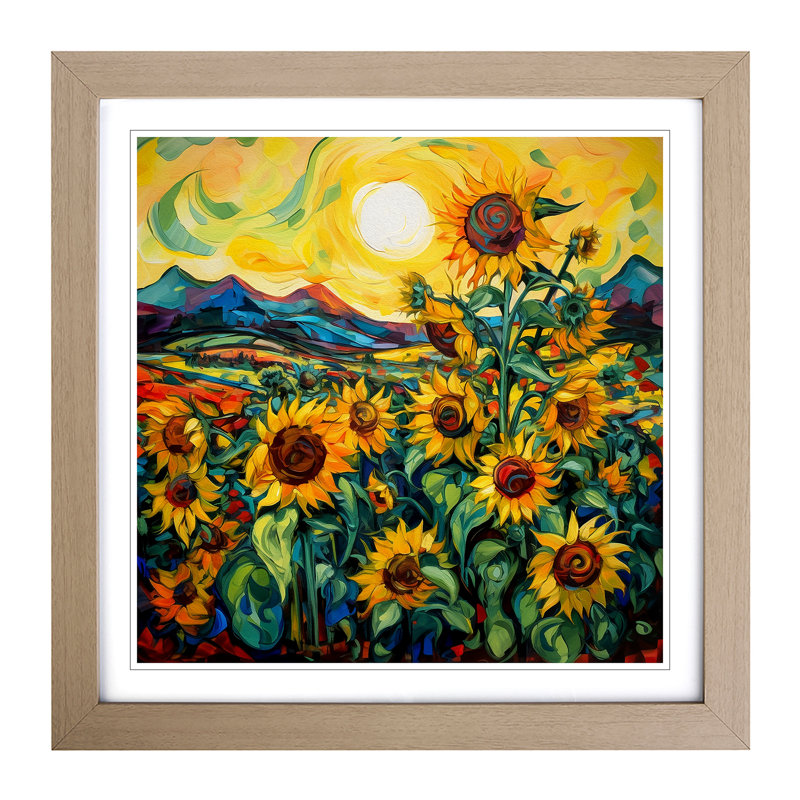 Sunflower Field Expressionism - Framed Print, Oak