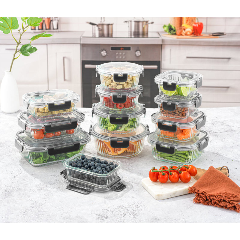 JoyJolt 24-Piece Black Fluted Glass Food Storage Containers Set