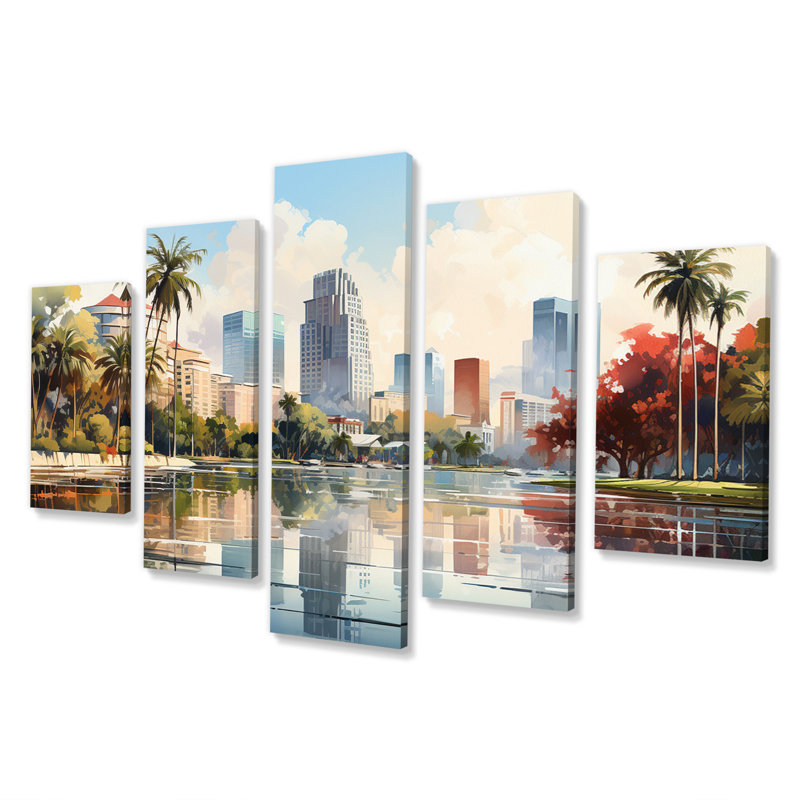 «Skyline of Modern Florida City Watercolor», impression d'art mural de la Floride - 5 panneaux