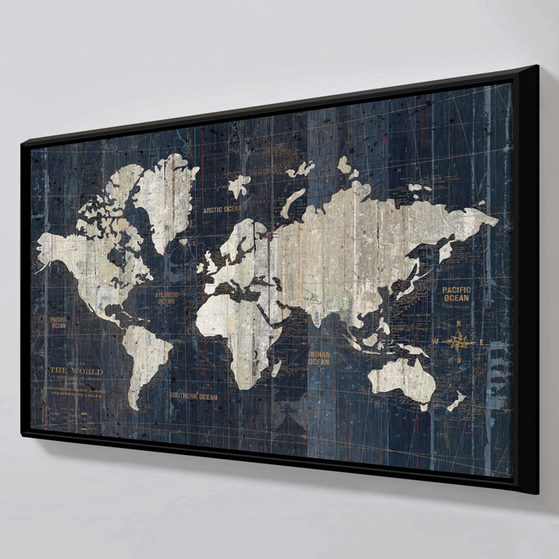 "Old World Map Blue 2 Crop" par Wild Apple, impression sur toile dans un cadre flottant, H 21,5 po x l 33,5 po
