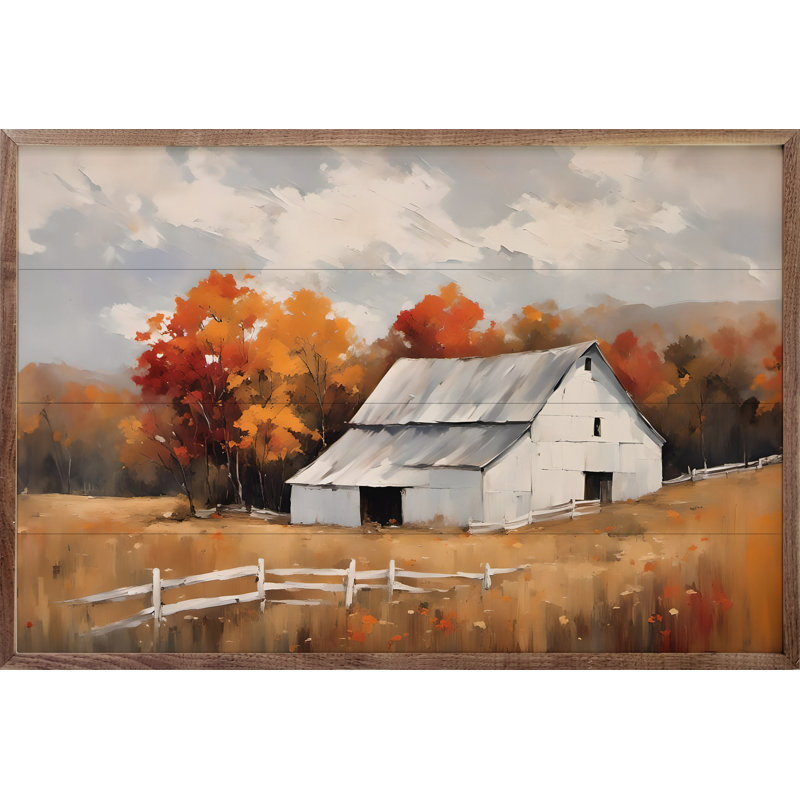 «White Barn with White Fence» sur bois, H 5 po x l 8 po